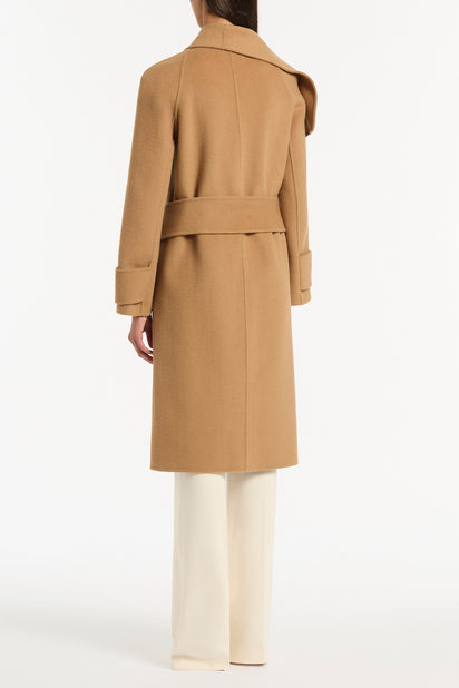 CAMEL WOOL DRAPE FRONT COAT