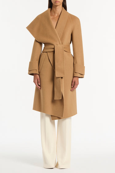 CAMEL WOOL DRAPE FRONT COAT