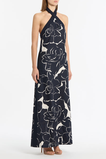 CELESTIAL PETALS LINEN HALTER NECK DRESS