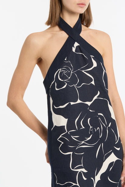 CELESTIAL PETALS LINEN HALTER NECK DRESS
