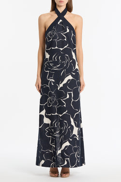 CELESTIAL PETALS LINEN HALTER NECK DRESS