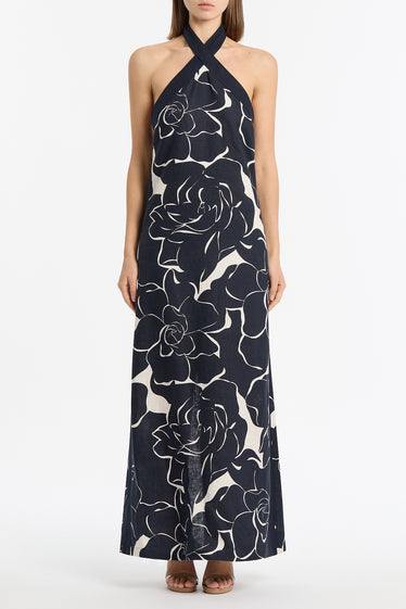 CELESTIAL PETALS LINEN HALTER NECK DRESS