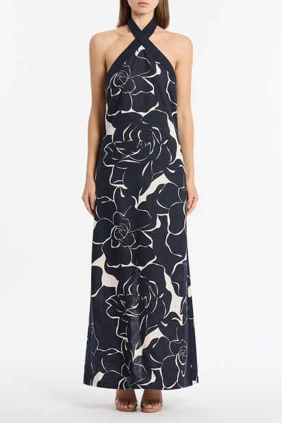 CELESTIAL PETALS LINEN HALTER NECK DRESS