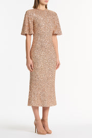 CHAMPAGNE CRUSHED SEQUIN BELL SLEEVE MIDI DRESS