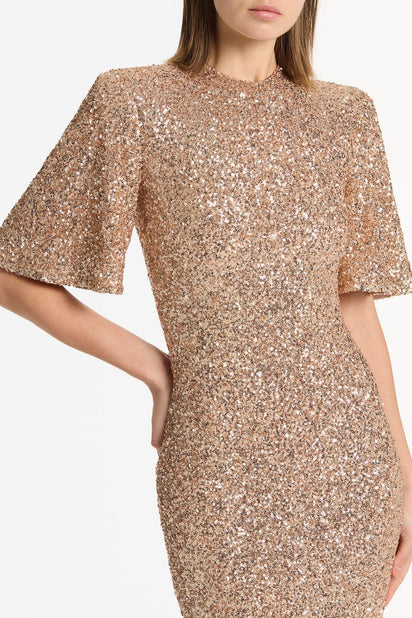 CHAMPAGNE CRUSHED SEQUIN BELL SLEEVE MIDI DRESS