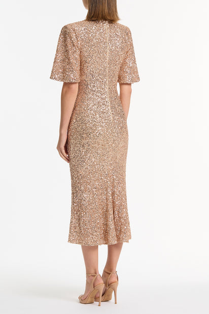 CHAMPAGNE CRUSHED SEQUIN BELL SLEEVE MIDI DRESS