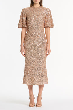 CHAMPAGNE CRUSHED SEQUIN BELL SLEEVE MIDI DRESS