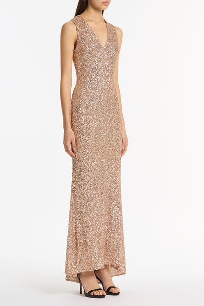 CHAMPAGNE CRUSHED SEQUIN V-NECK GOWN