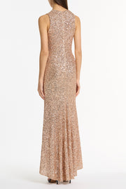 CHAMPAGNE CRUSHED SEQUIN V-NECK GOWN