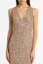 CHAMPAGNE CRUSHED SEQUIN V-NECK GOWN