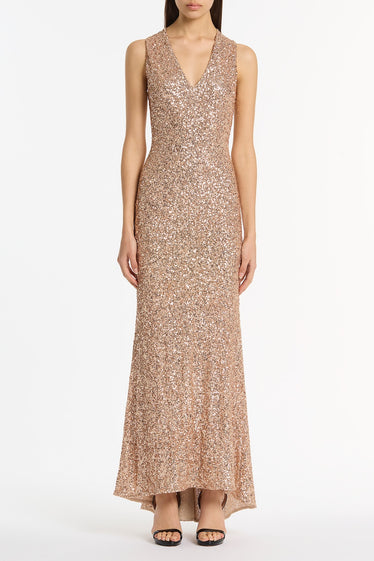 CHAMPAGNE CRUSHED SEQUIN V-NECK GOWN