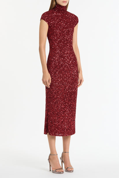CHERRY CRUSHED SEQUIN CAP SLEEVE MIDI DRESS