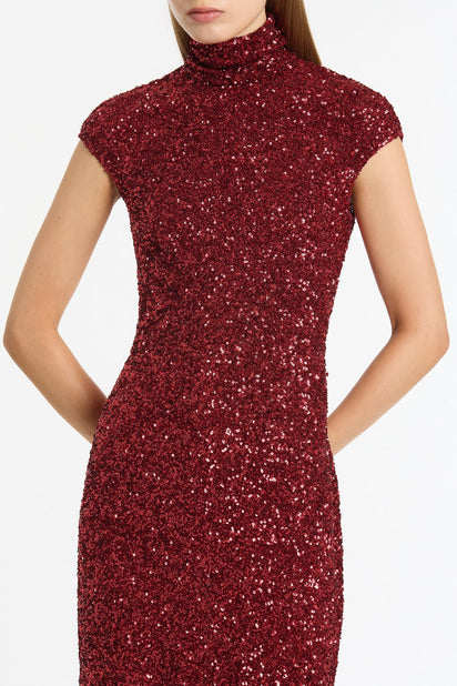 CHERRY CRUSHED SEQUIN CAP SLEEVE MIDI DRESS