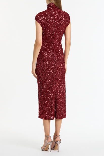 CHERRY CRUSHED SEQUIN CAP SLEEVE MIDI DRESS