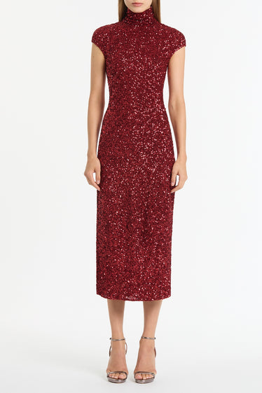 CHERRY CRUSHED SEQUIN CAP SLEEVE MIDI DRESS