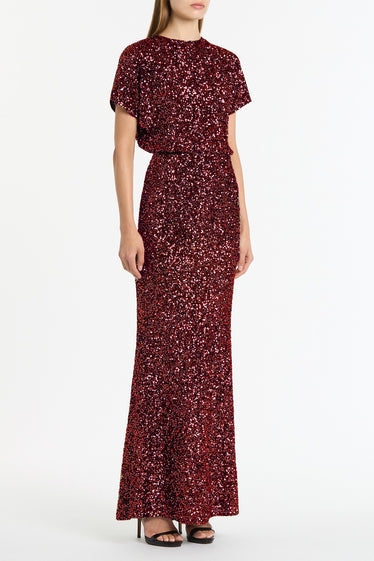 CHERRY CRUSHED SEQUIN COLUMN SKIRT