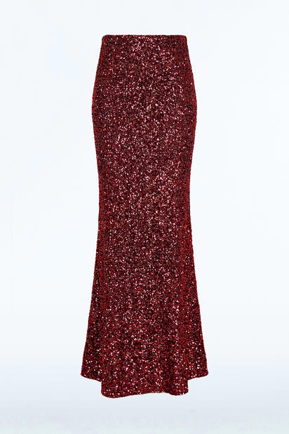CHERRY CRUSHED SEQUIN COLUMN SKIRT