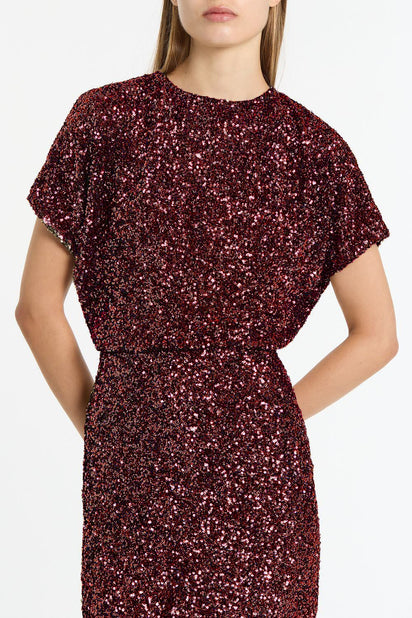 CHERRY CRUSHED SEQUIN DRAPE TOP