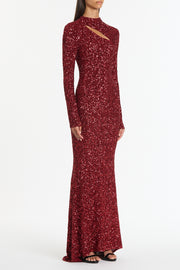 CHERRY CRUSHED SEQUIN LONG SLEEVE GOWN