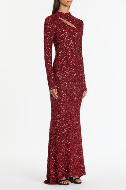 CHERRY CRUSHED SEQUIN LONG SLEEVE GOWN