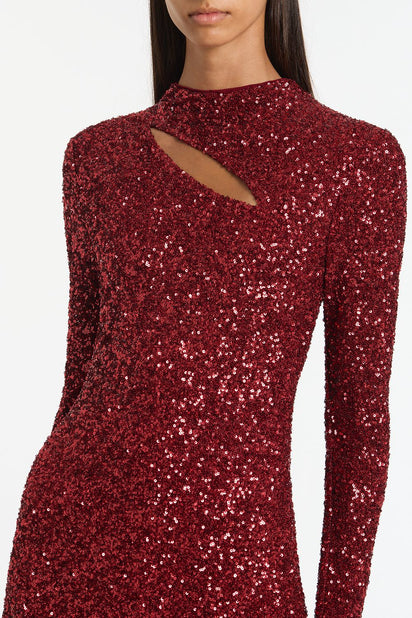 CHERRY CRUSHED SEQUIN LONG SLEEVE GOWN