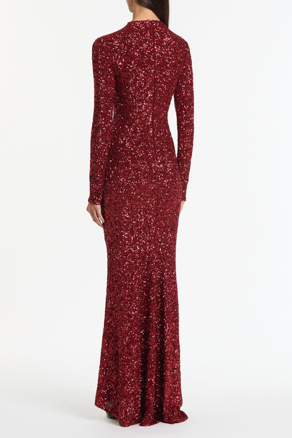 CHERRY CRUSHED SEQUIN LONG SLEEVE GOWN