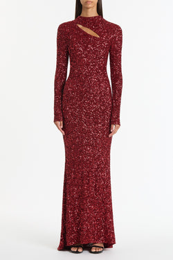 CHERRY CRUSHED SEQUIN LONG SLEEVE GOWN