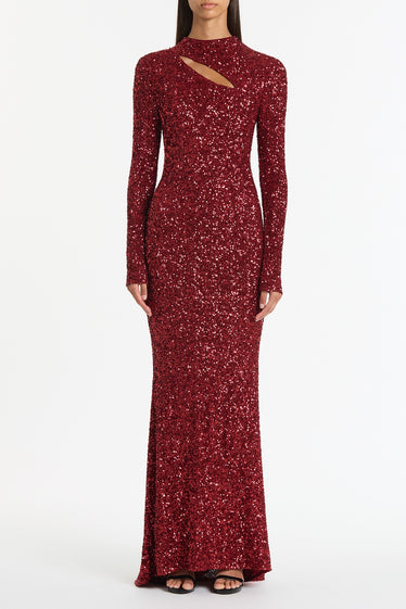 CHERRY CRUSHED SEQUIN LONG SLEEVE GOWN