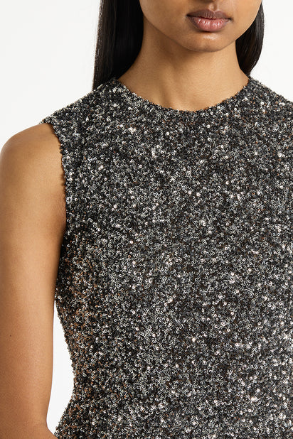 CHROME CRUSHED SEQUIN MINI DRESS