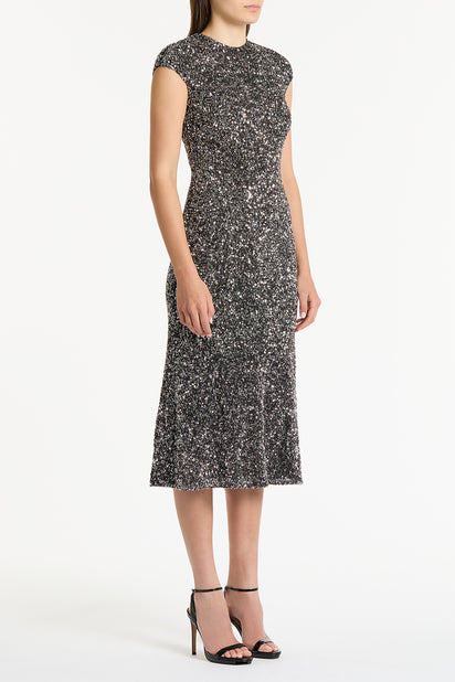 CHROME SEQUIN FLUTED MIDI DRESS