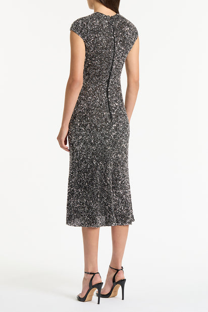 CHROME SEQUIN FLUTED MIDI DRESS