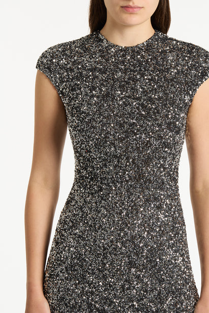 CHROME SEQUIN FLUTED MIDI DRESS