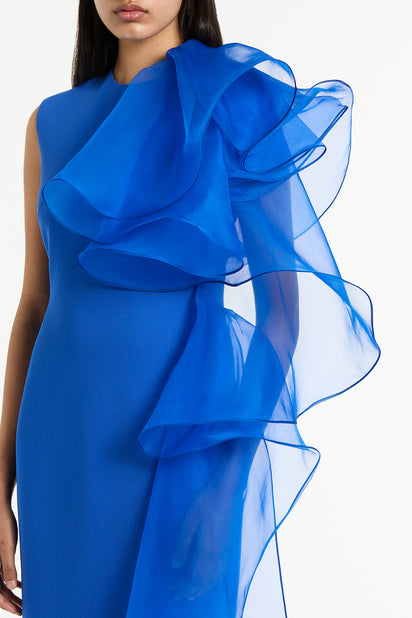 COBALT CREPE RUFFLE SHOULDER GOWN