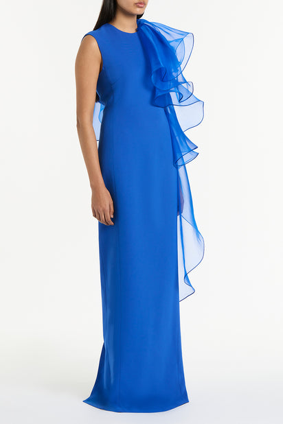 COBALT CREPE RUFFLE SHOULDER GOWN