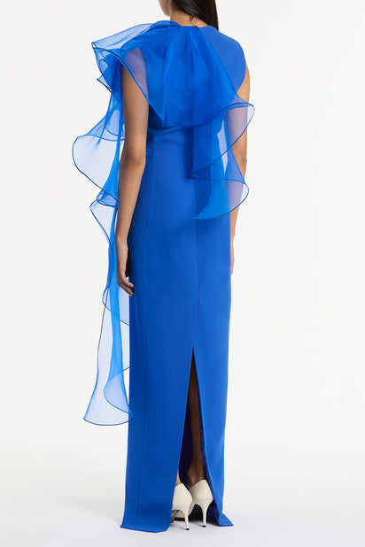 COBALT CREPE RUFFLE SHOULDER GOWN