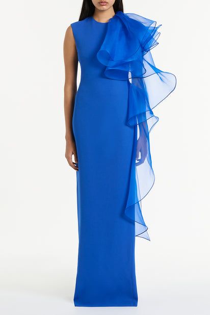 COBALT CREPE RUFFLE SHOULDER GOWN