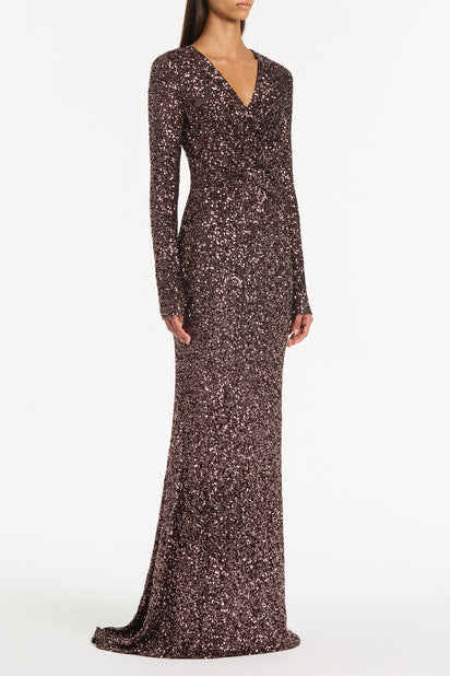 COPPER SEQUIN TWIST FRONT GOWN