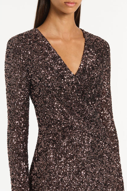 COPPER SEQUIN TWIST FRONT GOWN