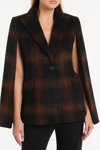 COCOA WOOL CHECK CAPE