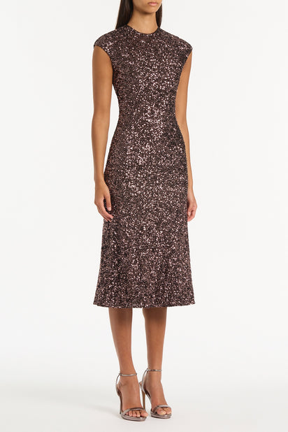 COPPER SEQUIN FLUTED MIDI DRESS