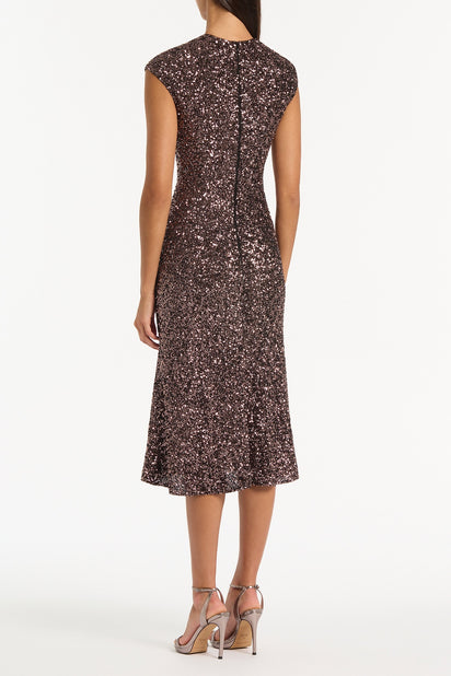 COPPER SEQUIN FLUTED MIDI DRESS