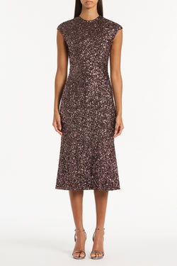 COPPER SEQUIN FLUTED MIDI DRESS