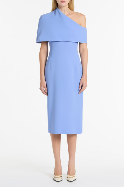 CORNFLOWER CREPE DRAPED COLLAR DRESS
