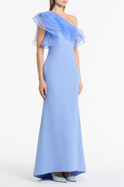 CORNFLOWER CREPE ONE SHOULDER ORGANZA RUFFLE GOWN