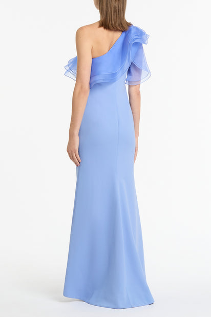 CORNFLOWER CREPE ONE SHOULDER ORGANZA RUFFLE GOWN