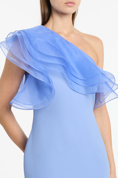 CORNFLOWER CREPE ONE SHOULDER ORGANZA RUFFLE GOWN
