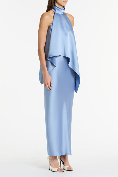 CORNFLOWER SATIN DRAPED HALTER TOP