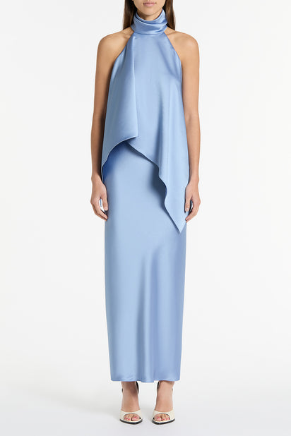 CORNFLOWER SATIN DRAPED HALTER TOP
