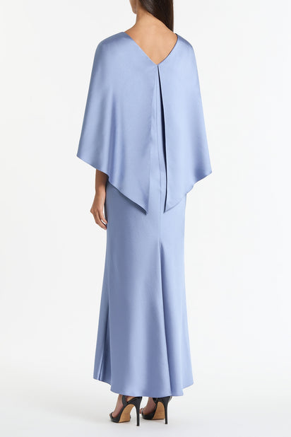 CORNFLOWER SATIN CAPE DRESS