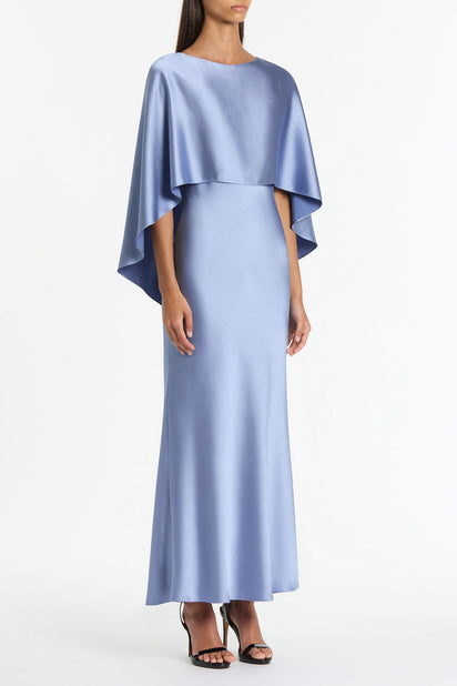 CORNFLOWER SATIN CAPE DRESS